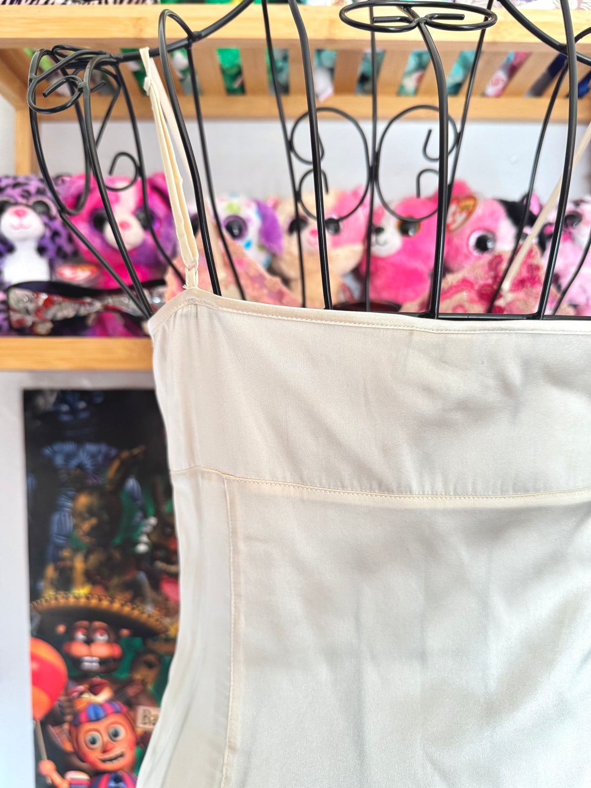 y2k vintage silk ivory white fitted cami top with pink floral embroidery