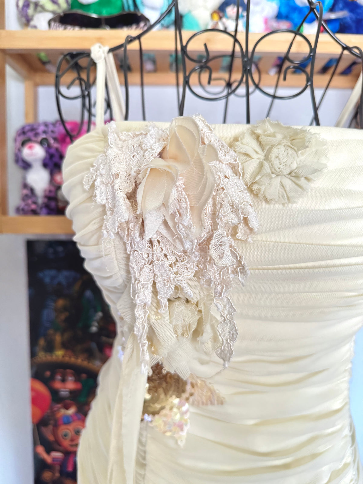 y2k vintage cream ruched boned and fitted corset top with sequins embellished