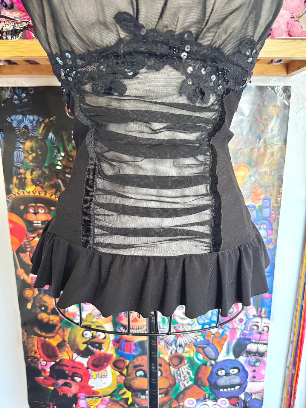 y2k vintage black mesh fitted cami top with ruffle hem and ruched milkmaid bust gothic