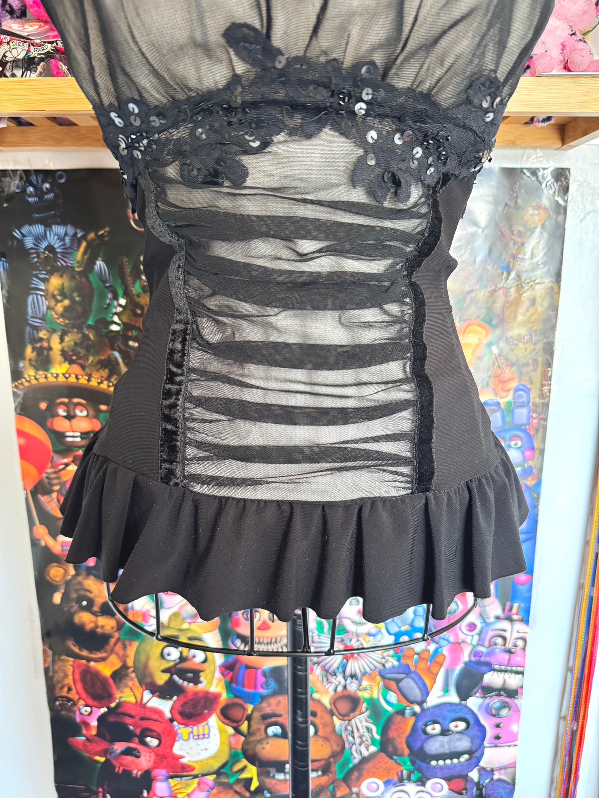 y2k vintage black mesh fitted cami top with ruffle hem and ruched milkmaid bust gothic