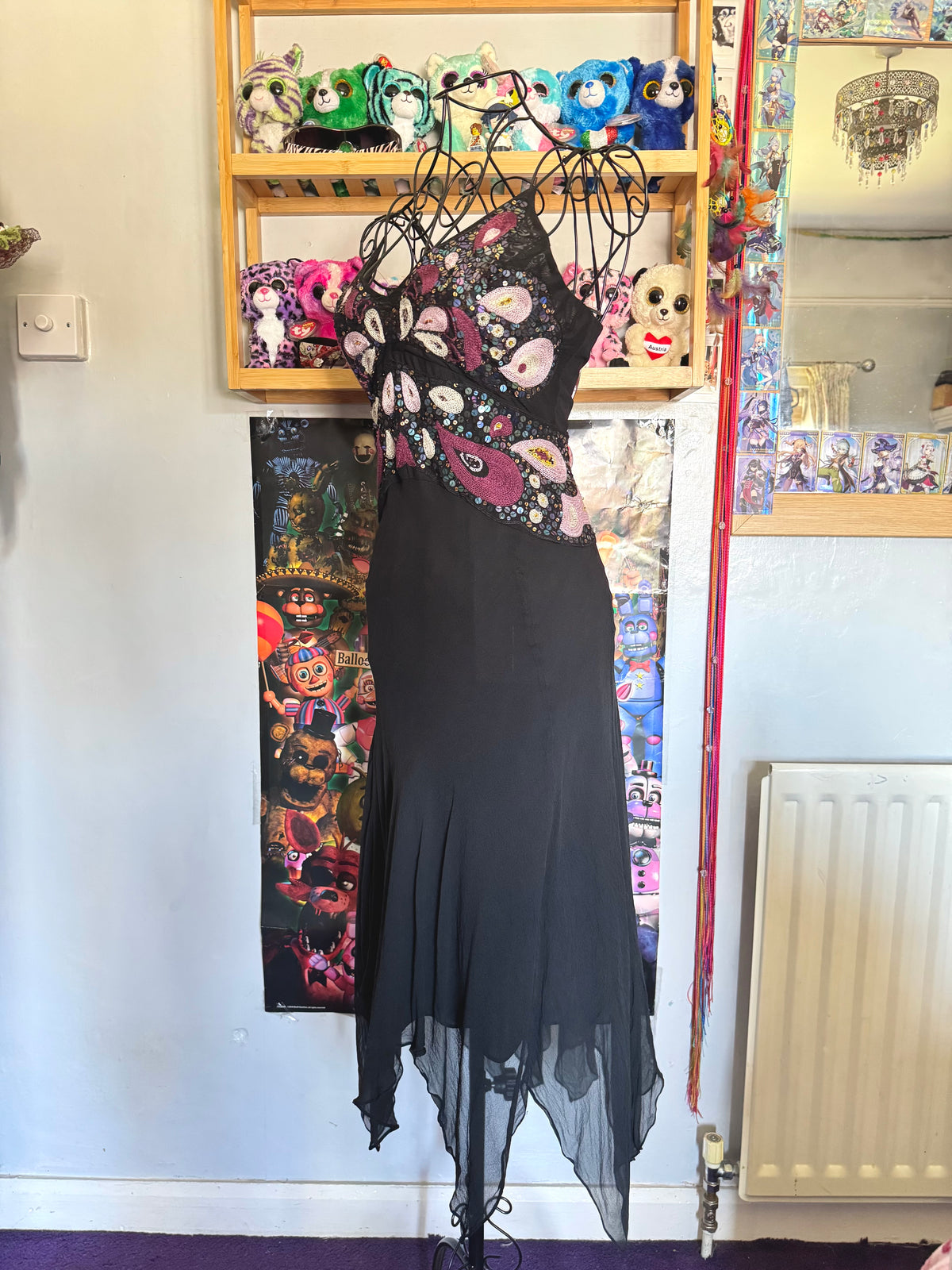 y2k vintage silk black and pink butterfly sequin embellished floaty fairy hem midaxi length dress