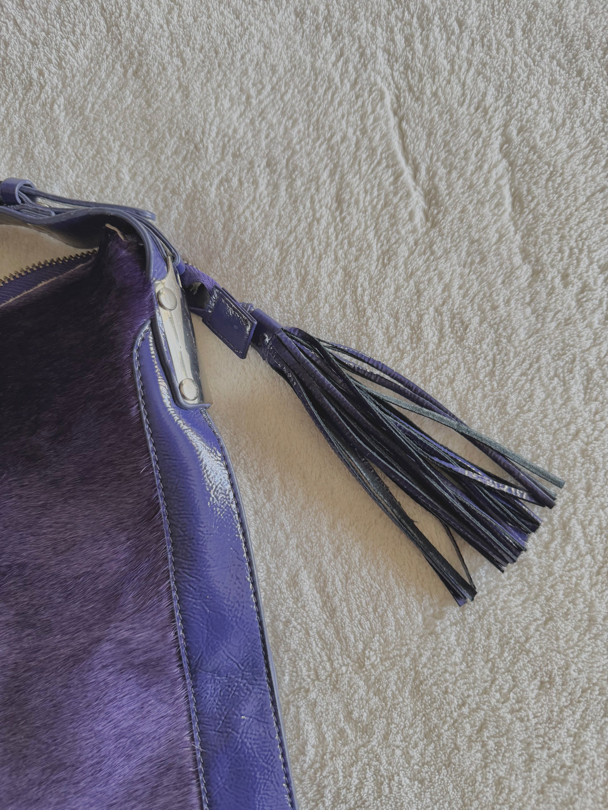 y2k pony hair violet purple slouchy boho handbag with real suede and leather