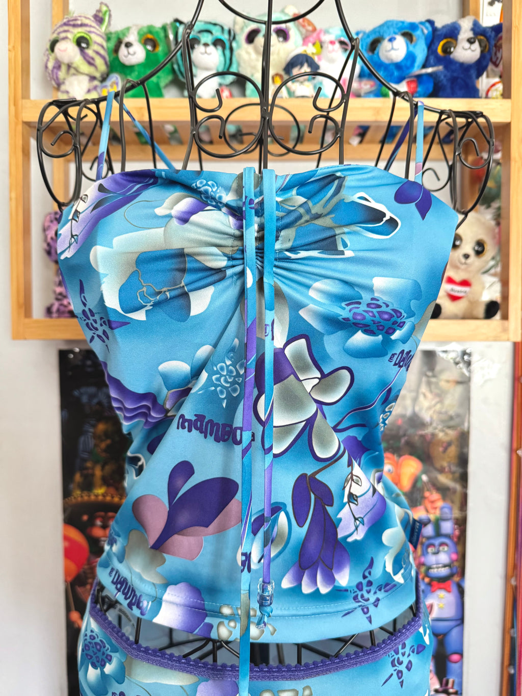 y2k vintage aqua blue h2o floral print two piece midi skirt and cami top set