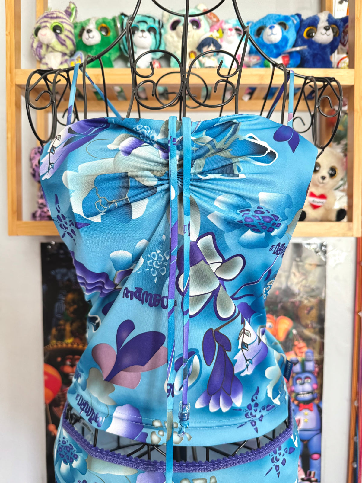 y2k vintage aqua blue h2o floral print two piece midi skirt and cami top set