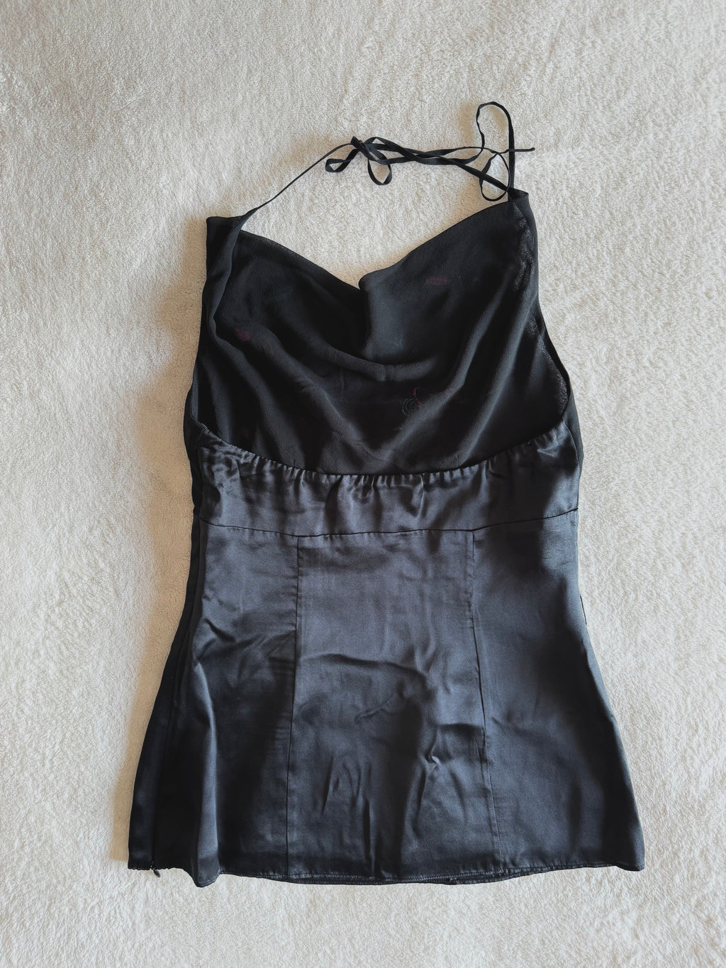 y2k vintage silk fitted cowl neck halter top with beading embellishments