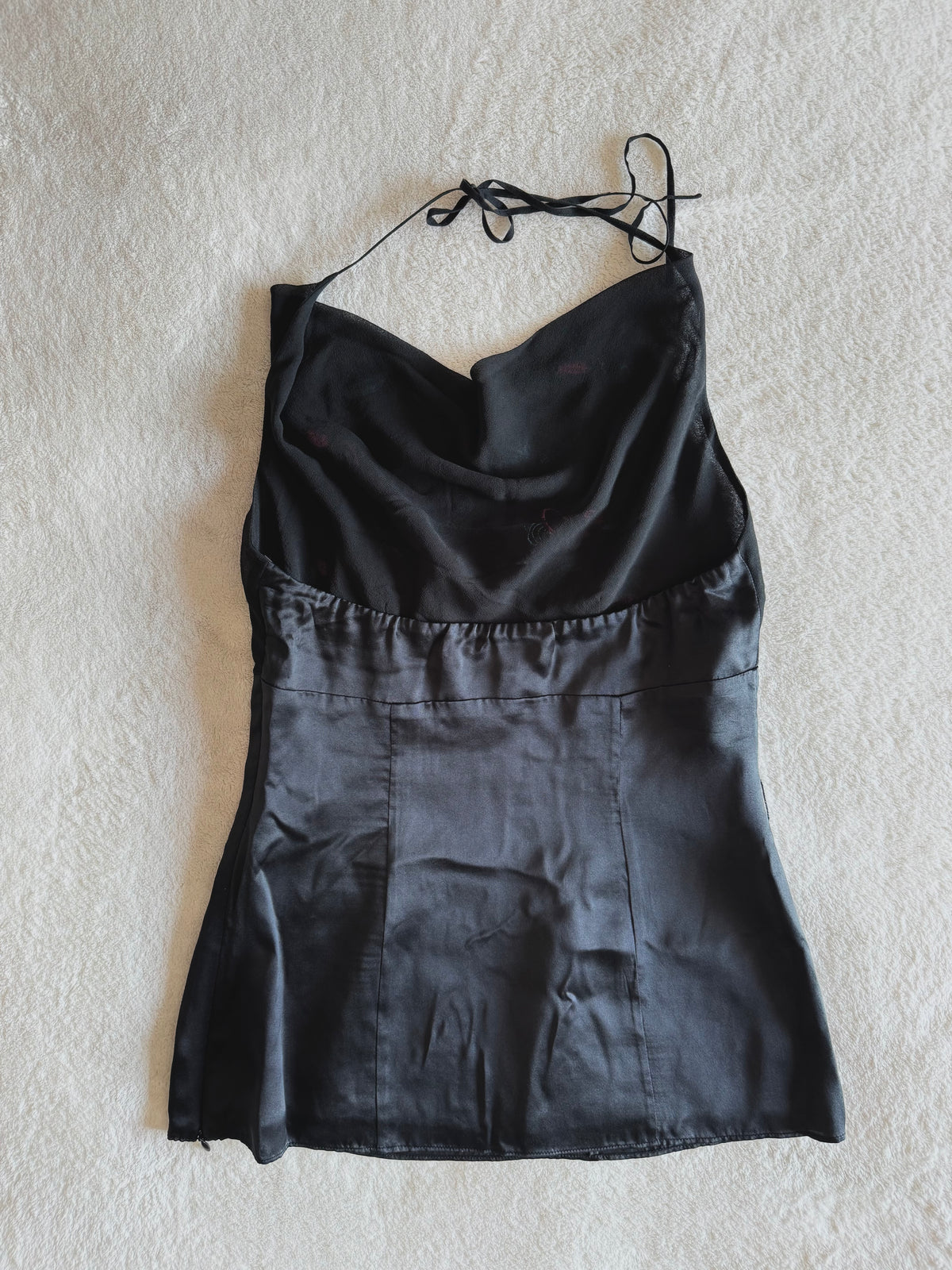 y2k vintage silk fitted cowl neck halter top with beading embellishments