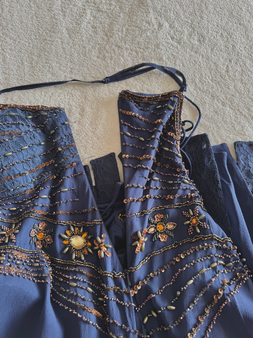 vintage 90’s royal navy blue silk dress gold and bronze beading embellishments astrology astronomy