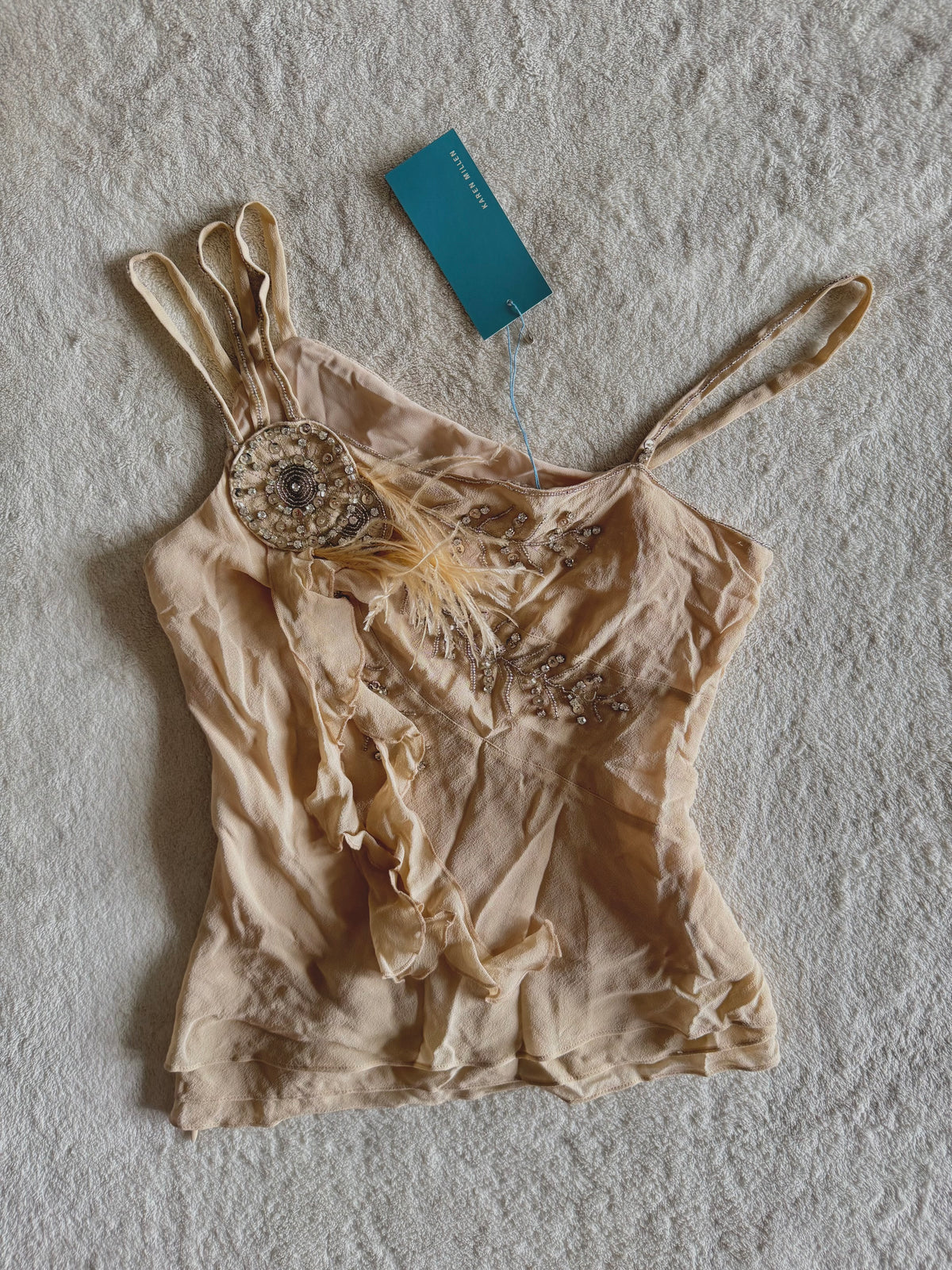 y2k vintage bnwt deadstock beige fitted layered silk cami top with feathering and sequins