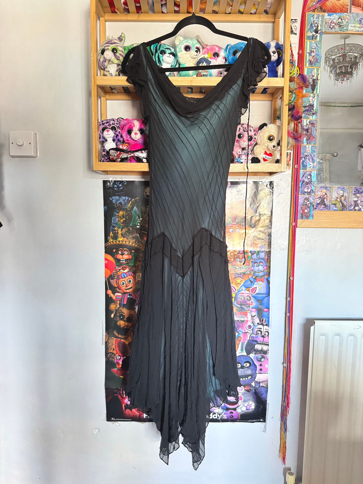 y2k vintage silk hanky fairy hem black maxi dress with blue underlay