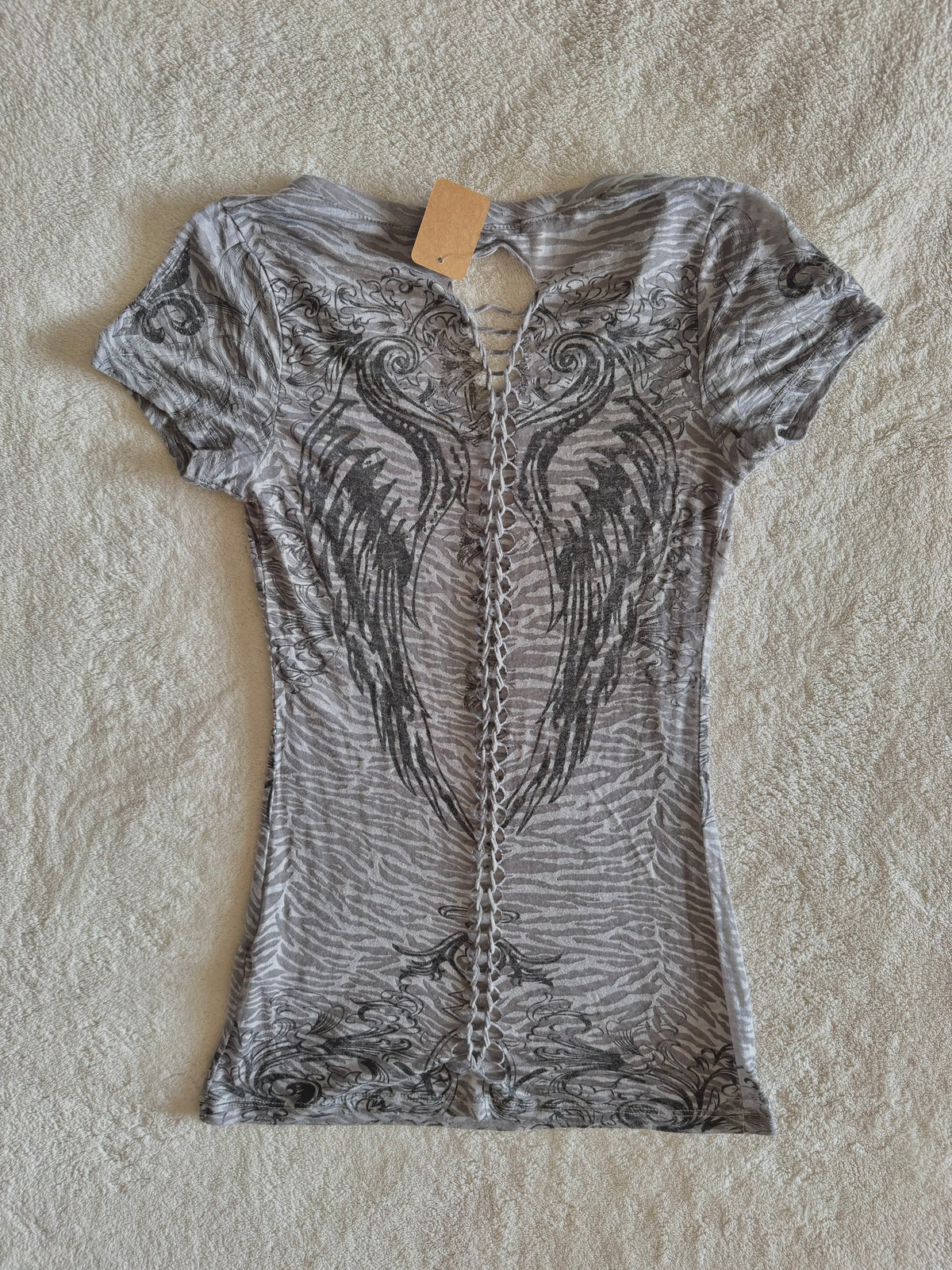 y2k vintage sheer graphic wings fitted tee with rhinestone embellishments affliction mcbling