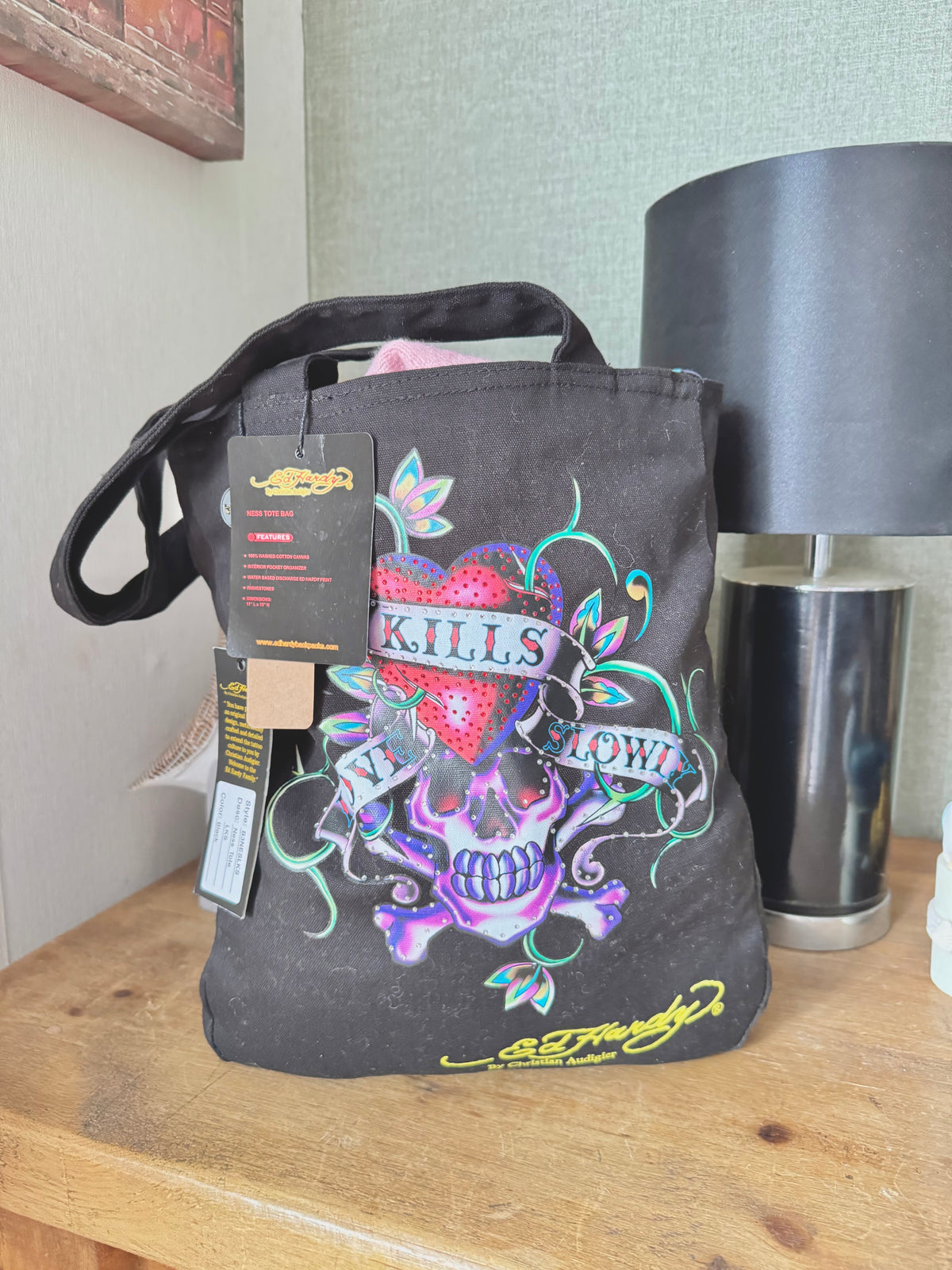 y2k deadstock bnwt graphic skull print Ed Hardy tote bag with rhinestones
