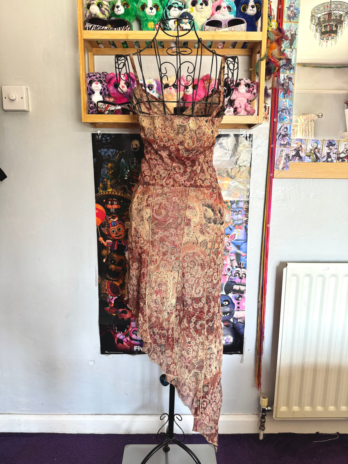 y2k vintage earthy fairy asymmetrical hem midaxi dress with glittery shimmer