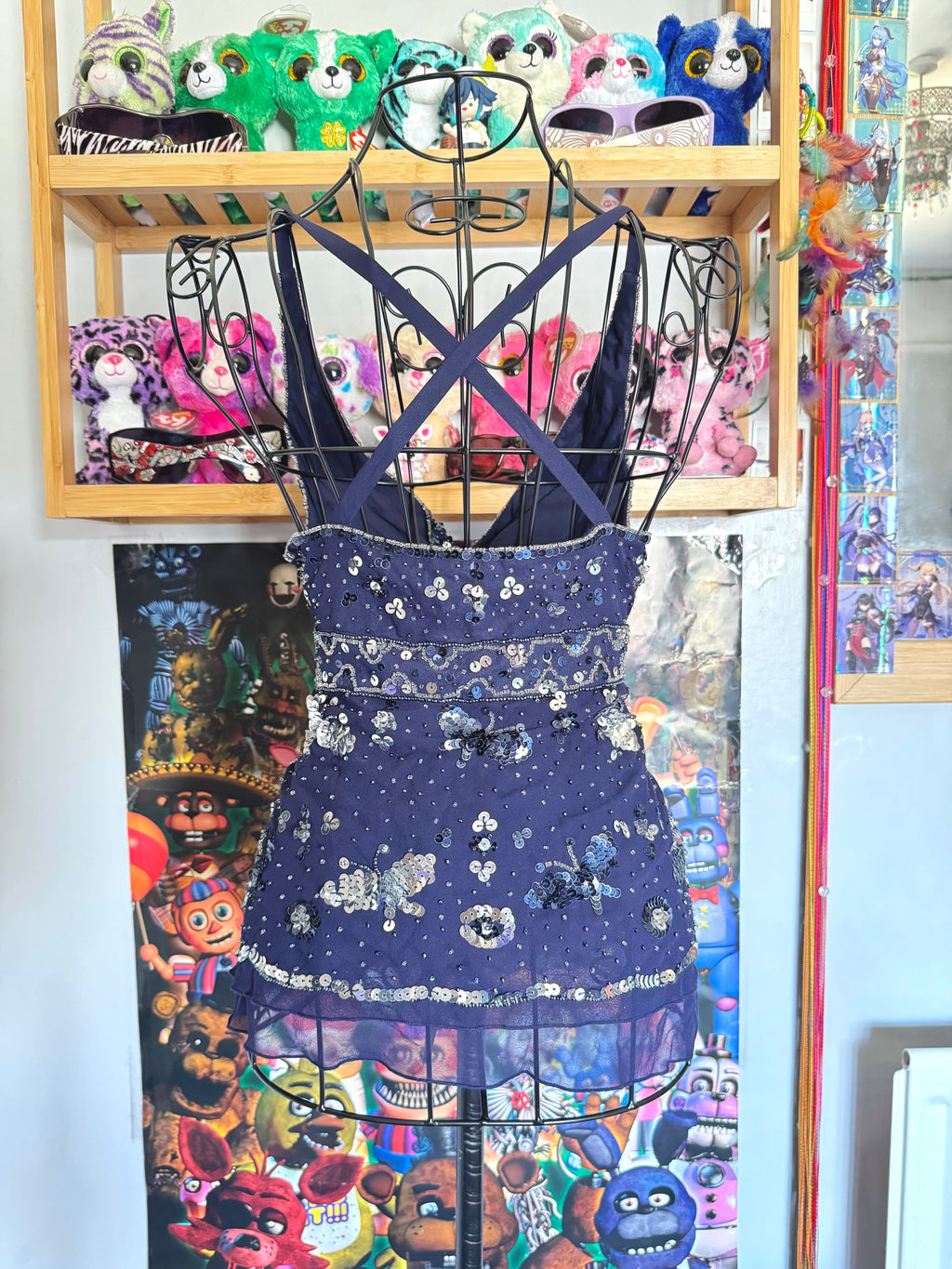 y2k vintage silk royal blue crisscross back fitted slightly cropped cami with butterfly sequins