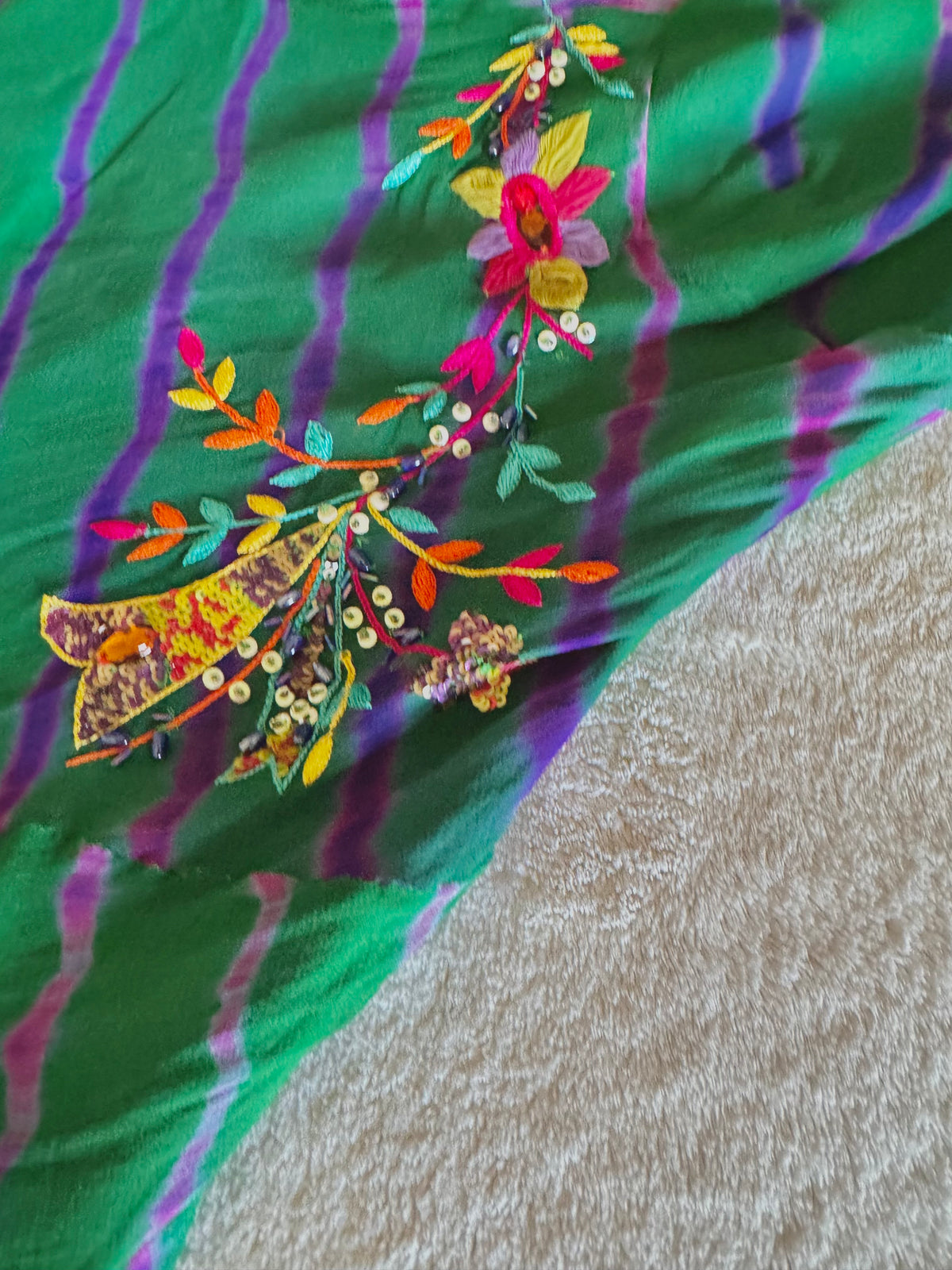 y2k vintage silk green flowy midaxi length dress with multicoloured embroidered details