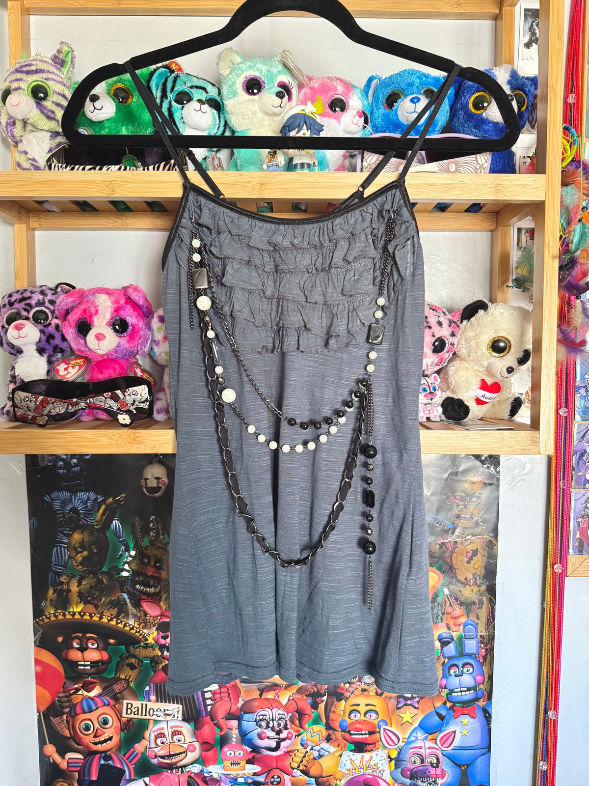 y2k vintage grey fitted cami top with layered necklace overlay grunge