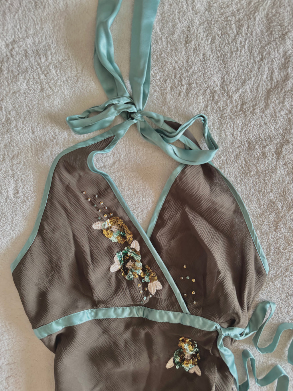 y2k vintage brown, turquoise silk asymmetric layered fairy halter cami top with sequins