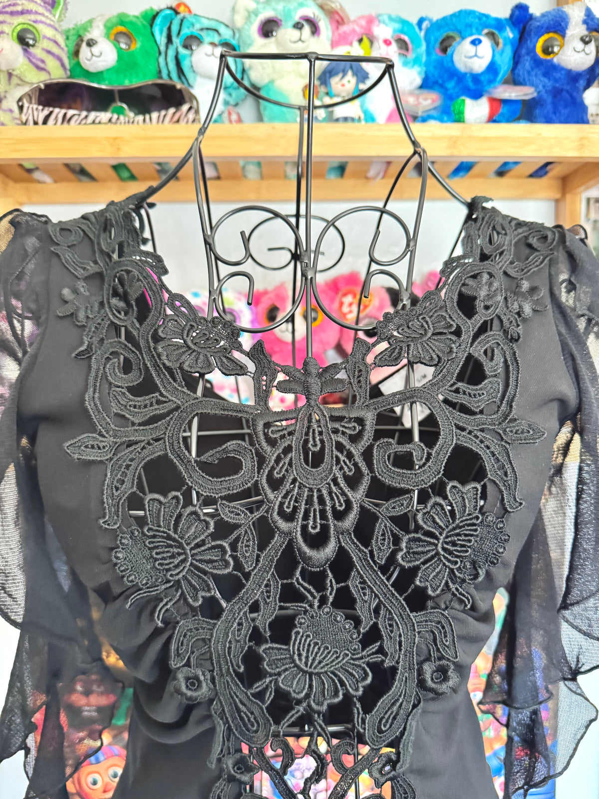 y2k vintage black mesh fitted top with lace front and tassel sleeves
