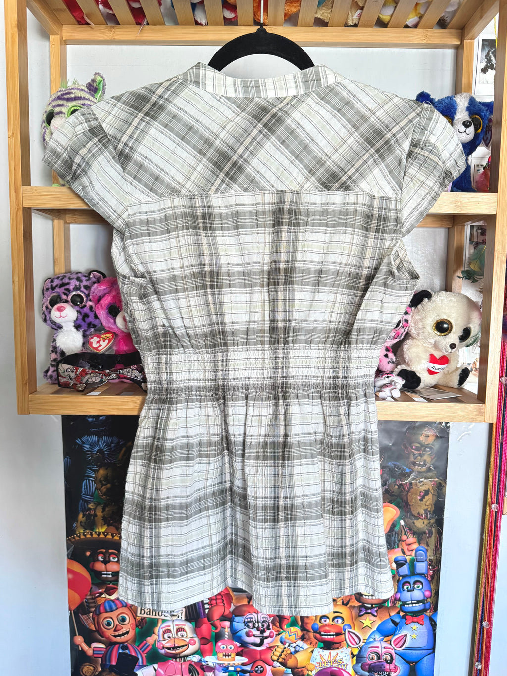 y2k vintage checkered button up babydoll top with elasticated waist and cap sleeves