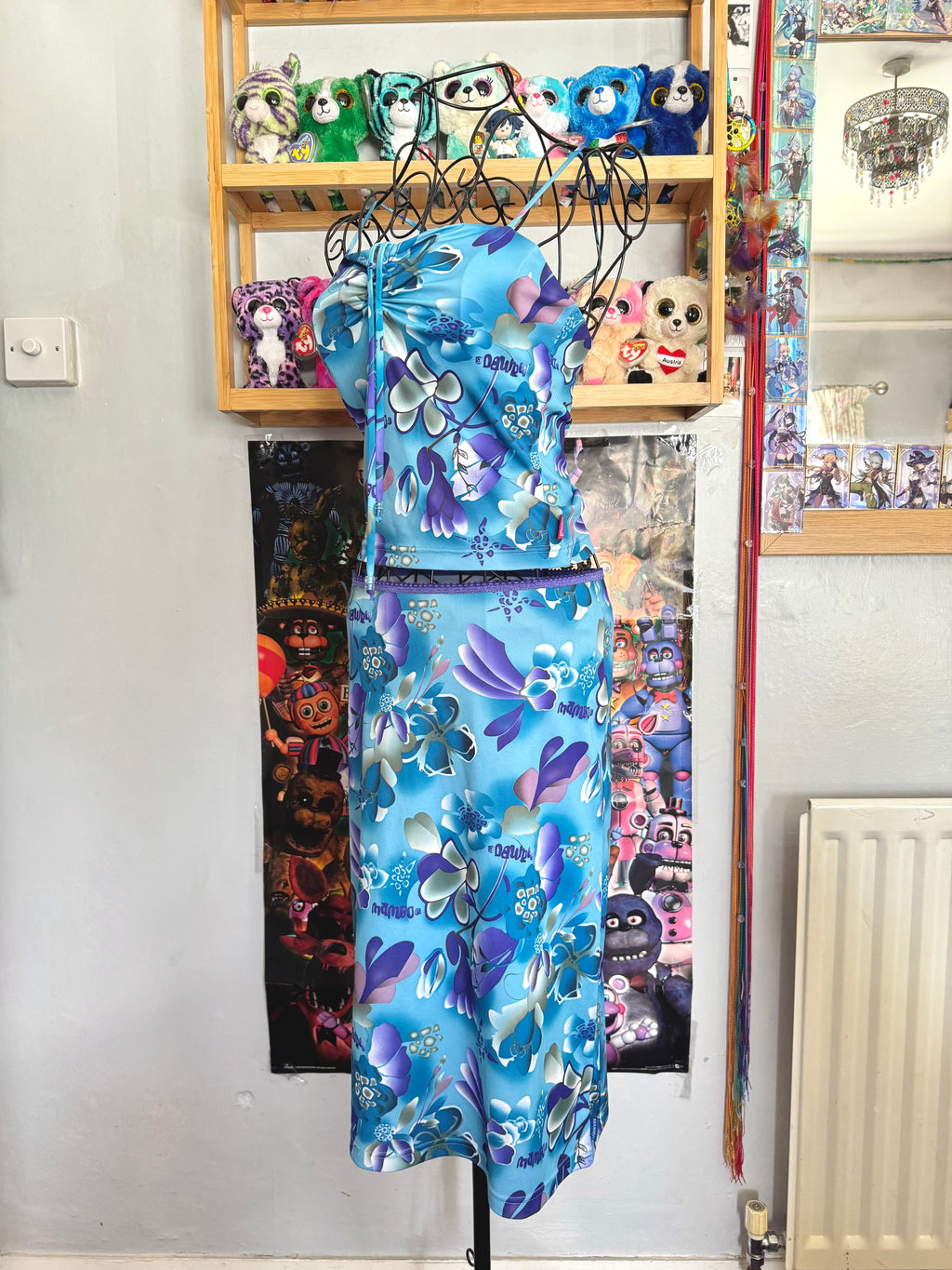 y2k vintage aqua blue h2o floral print two piece midi skirt and cami top set