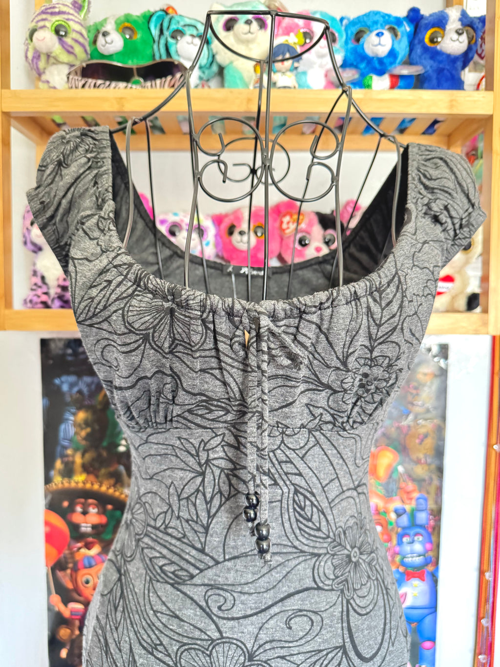 y2k vintage milkmaid floral print grey ruffle tiered mini dress