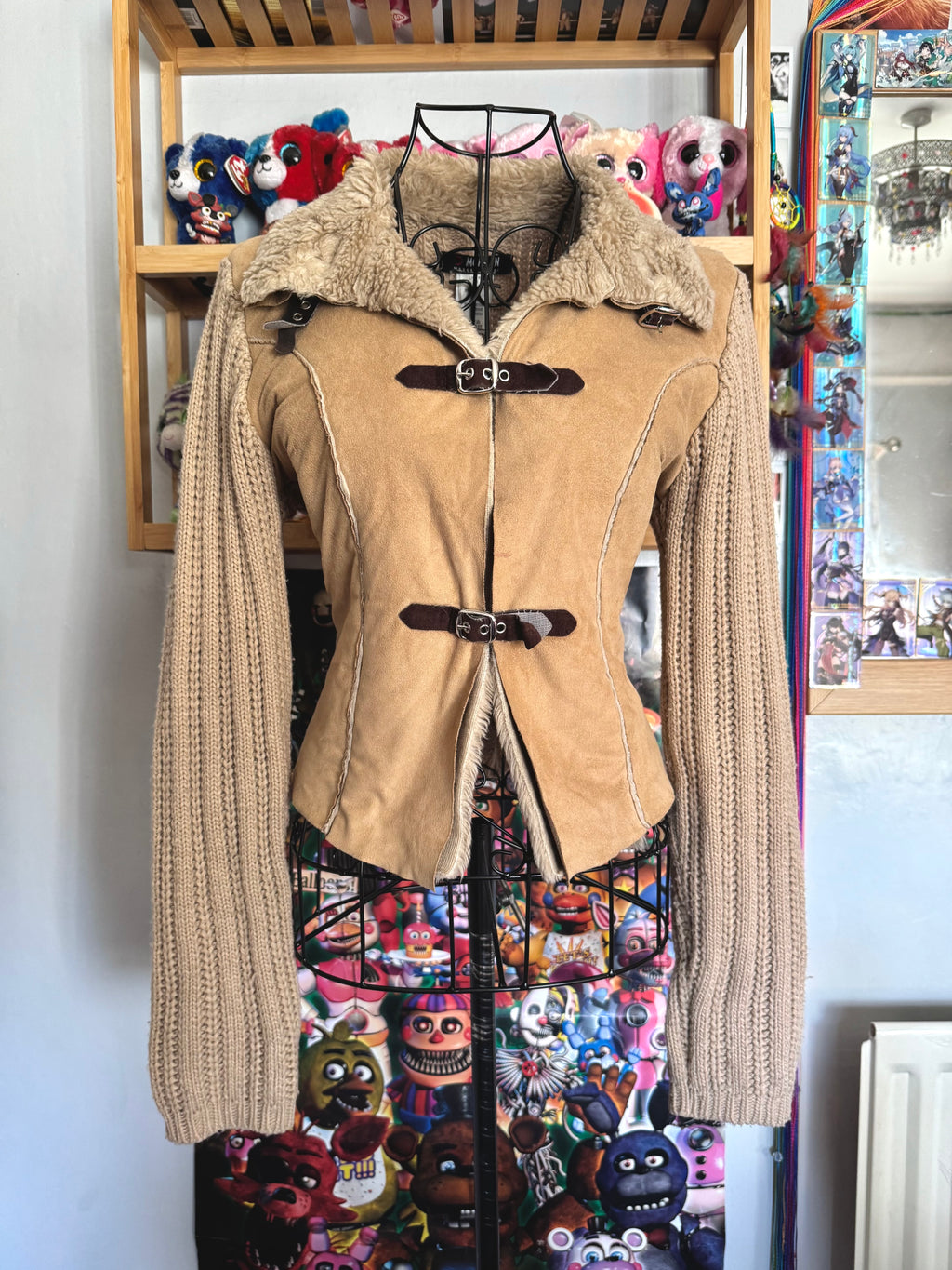 y2k vintage buckle up fitted and cropped jacket with chunky ribbed knit sleeves western boho