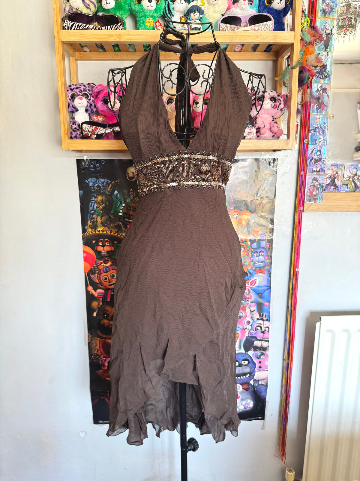 y2k vintage silk chocolate brown fitted asymmetrical fairy hem halterneck midi dress