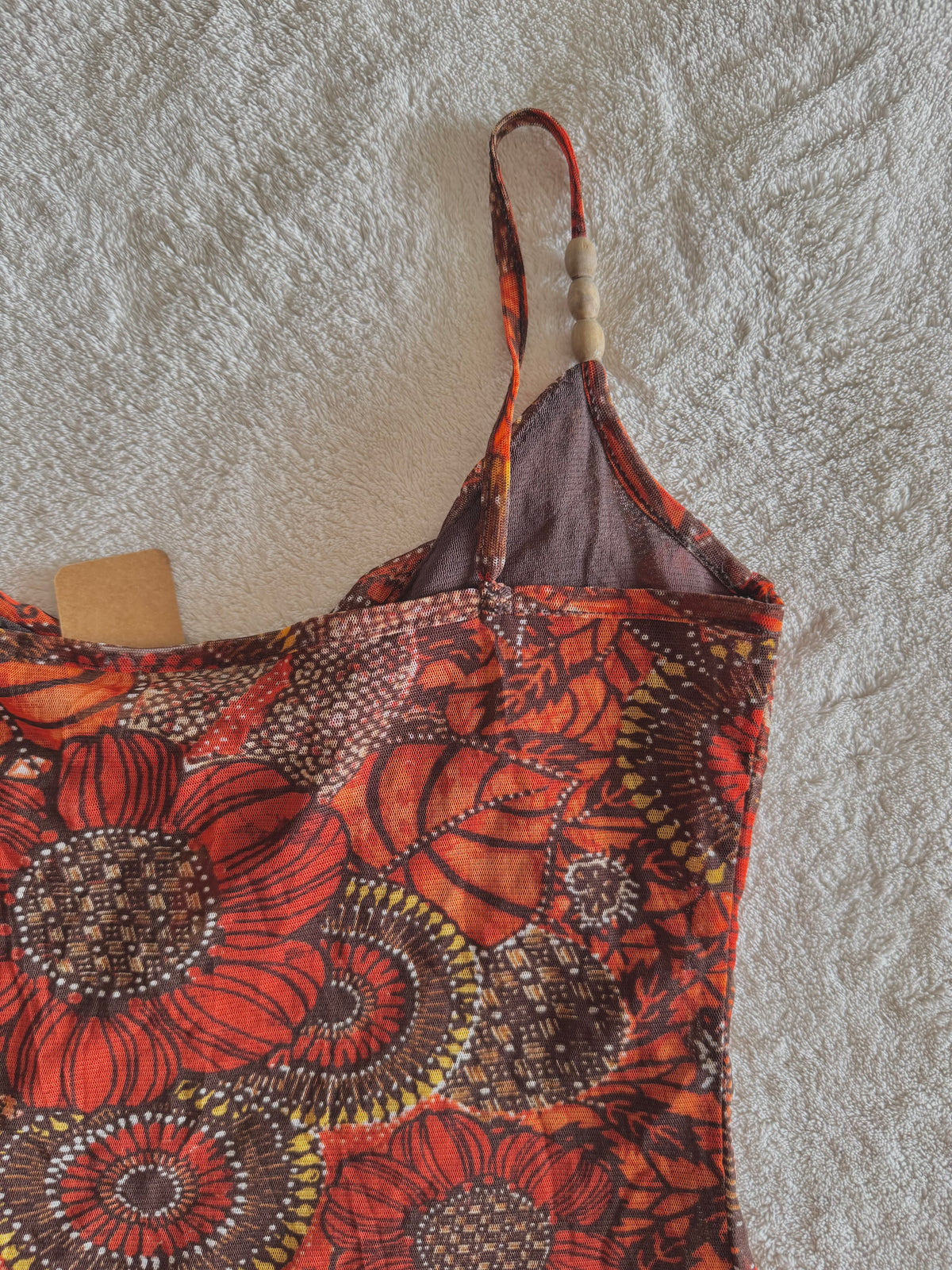 y2k vintage orange floral mesh cami top with wooden beading