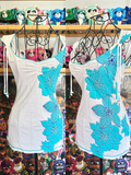 y2k vintage turquoise floral print fitted cami top with ruched detail, rhinestones and sleeve tassels
