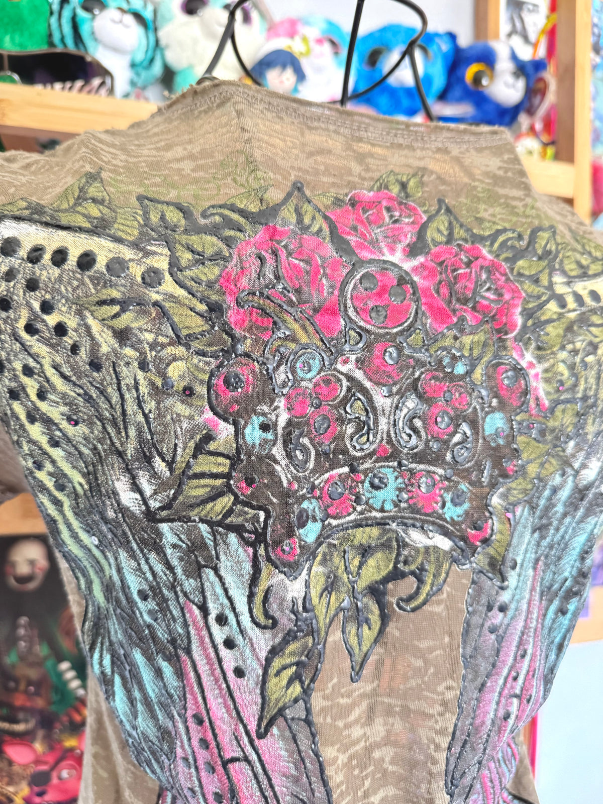 y2k vintage khaki green fitted sheer insane graphic top with crown, wings and rhinestones