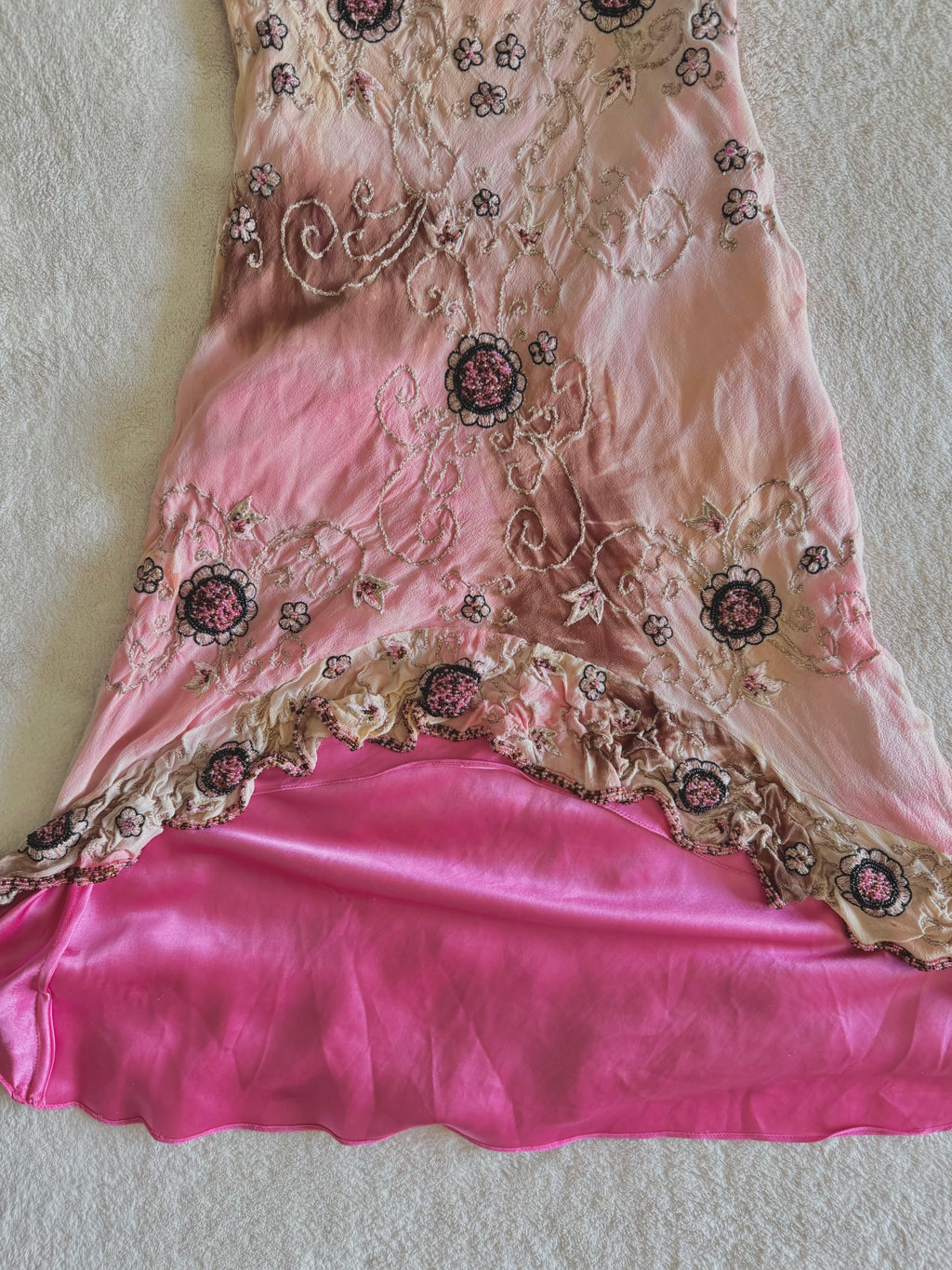 90’s vintage silk pink and brown beaded floral pattern halterneck mini dress fairycore