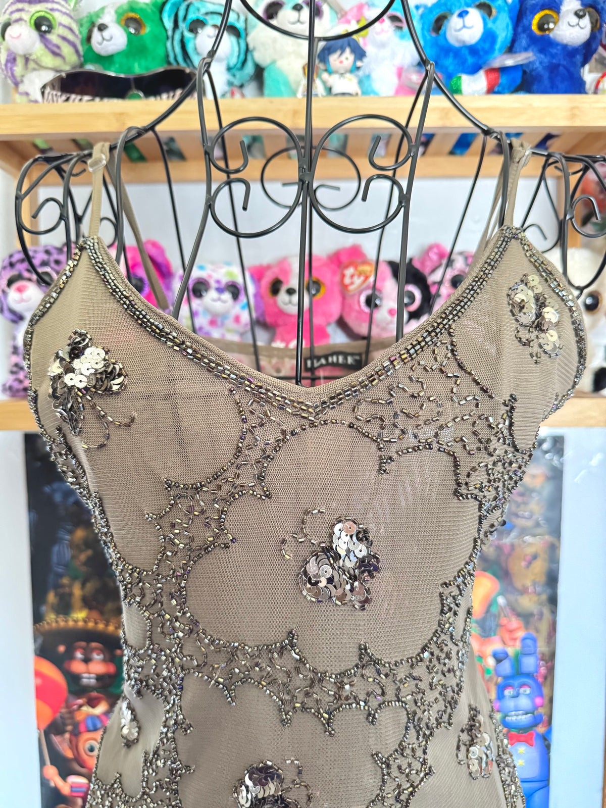 y2k vintage khaki brown sheer mesh butterfly sequinned cami top with jagged asymmetrical hem fairy