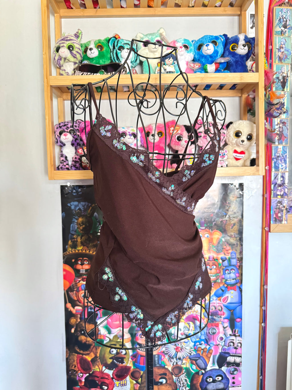 y2k vintage chocolate brown wrap style low cut sequin embellishment asymmetrical hem cami top