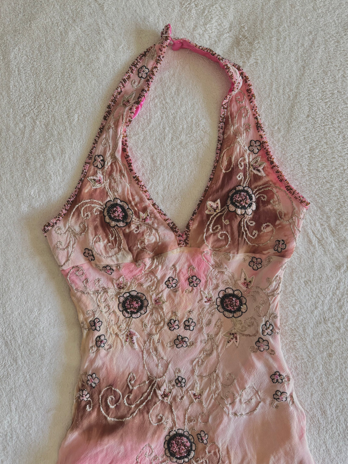 90’s vintage silk pink and brown beaded floral pattern halterneck mini dress fairycore