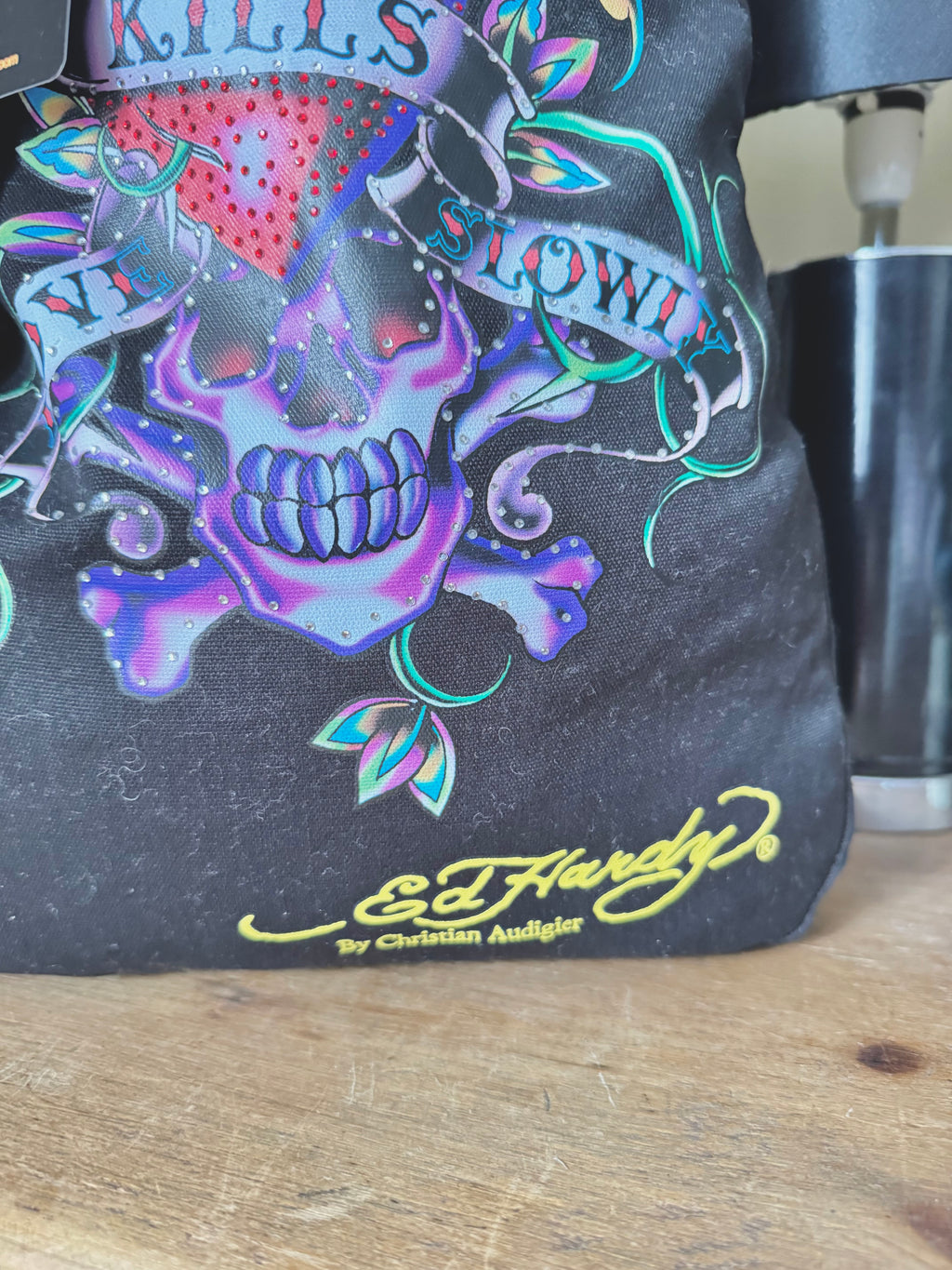 y2k deadstock bnwt graphic skull print Ed Hardy tote bag with rhinestones