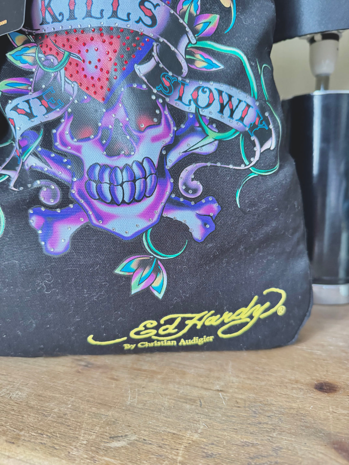 y2k deadstock bnwt graphic skull print Ed Hardy tote bag with rhinestones