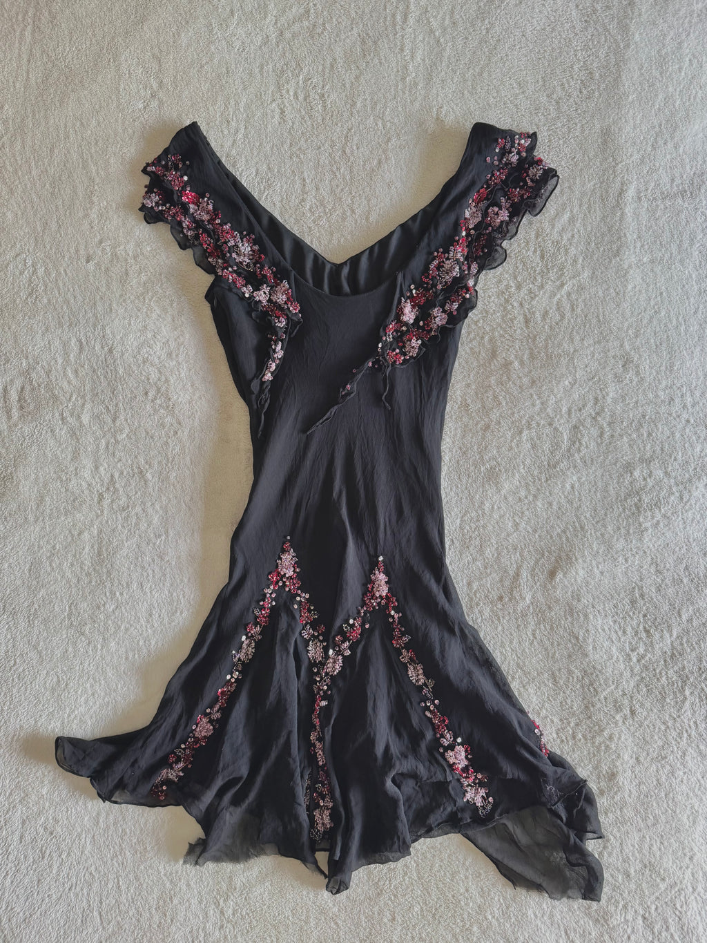 vintage 90’s silk black fairy hanky hem beaded mini dress