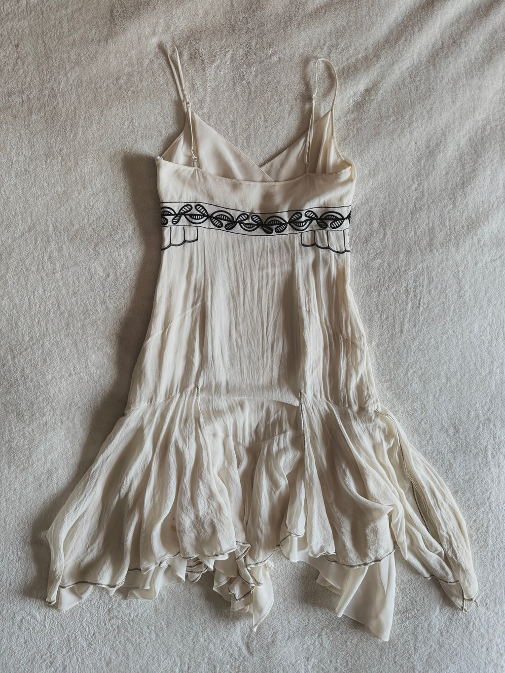 y2k vintage silk off white and black beaded midi dress with bulky layered hem fairycore