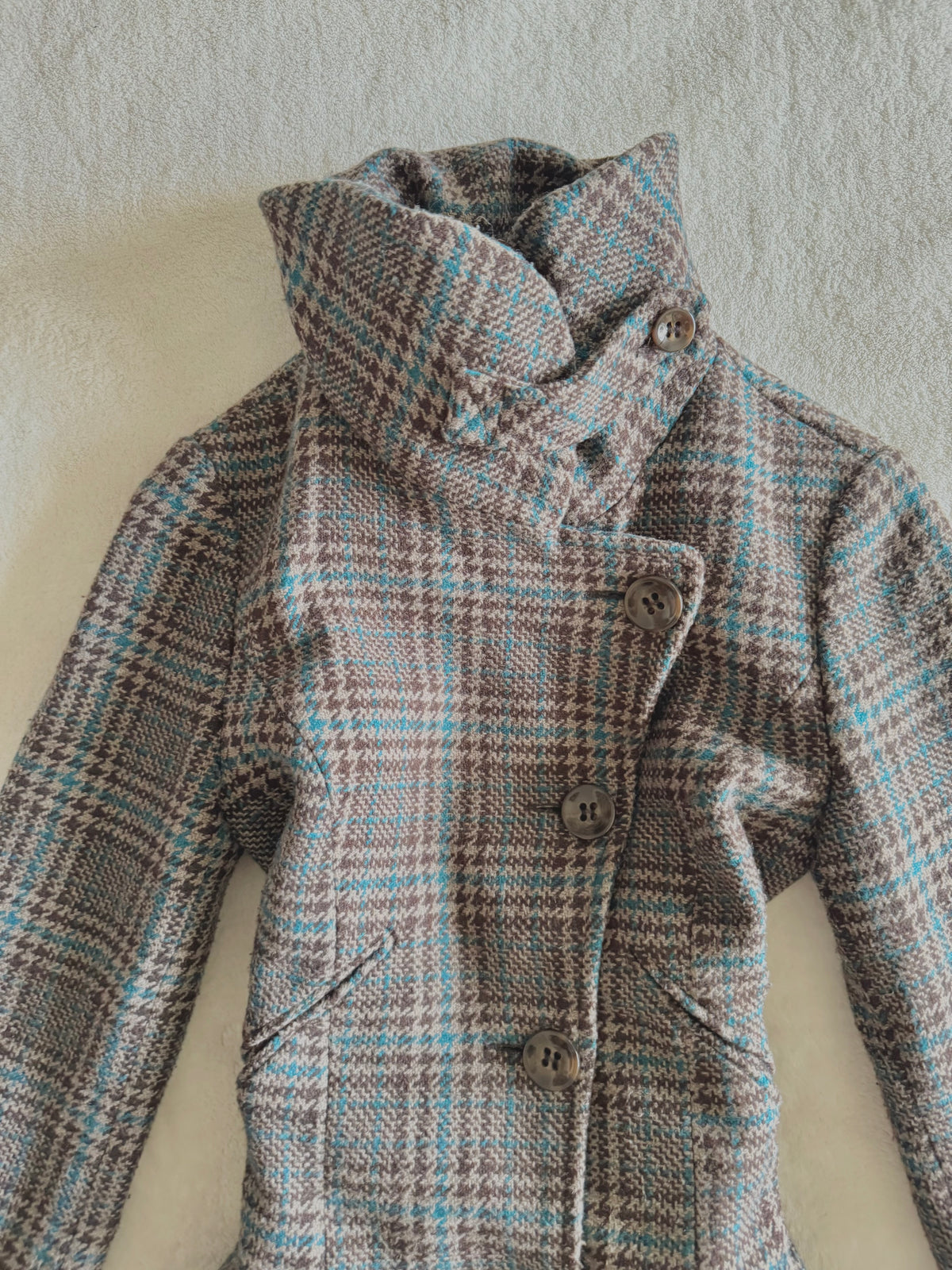 y2k vintage funnel neck plaid button up peacoat with detachable adjustable belt