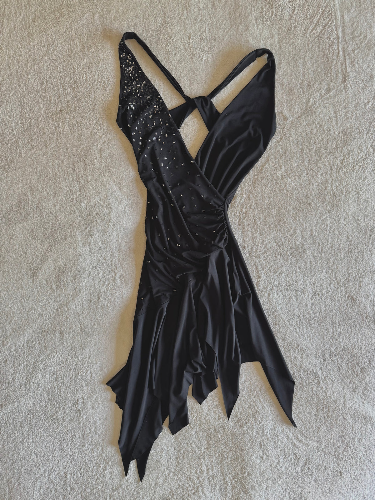 y2k vintage wrap style black rhinestone asymmetrical hem midi dress with ruching