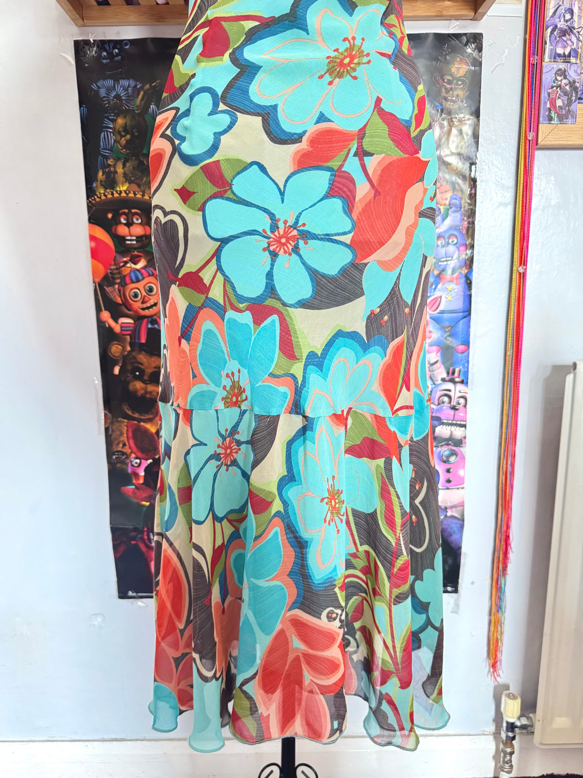 y2k vintage multicoloured blue floral print midi dress