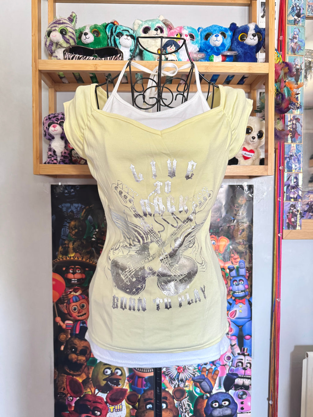 y2k vintage deadstock BNWT butter yellow graphic fitted halterneck layered top