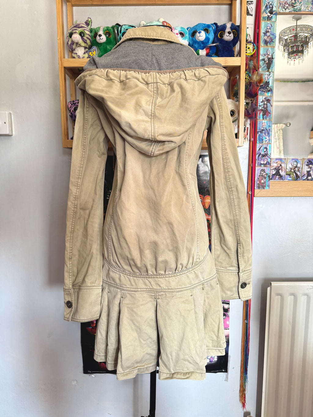 y2k vintage fitted button up archival hooded pleated trench coat archival drawstring