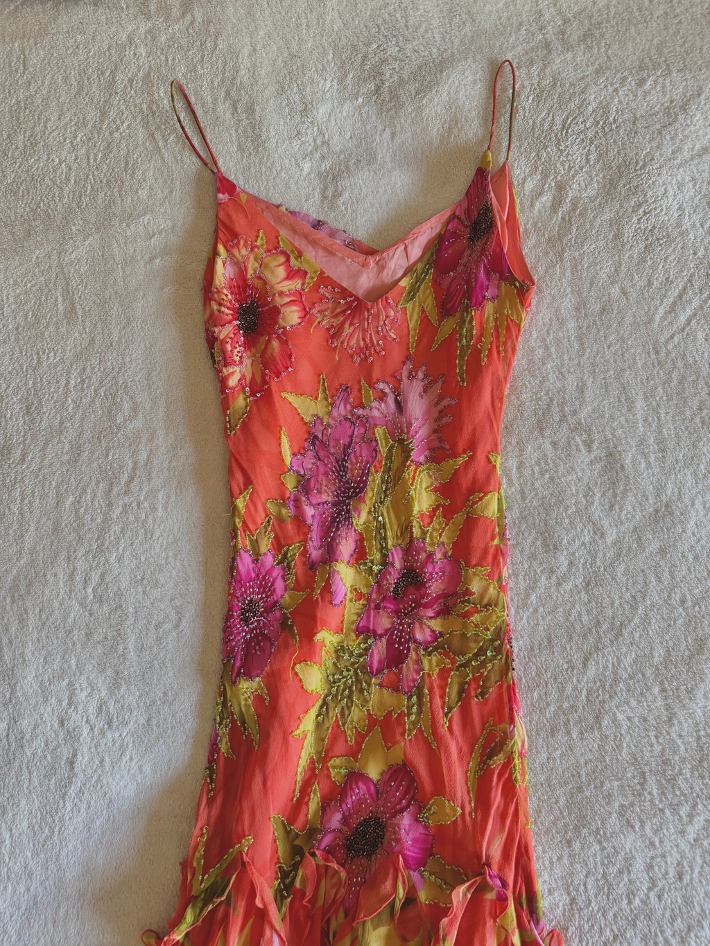 y2k vintage silk orange floral special occasion maxi dress with tassel hem