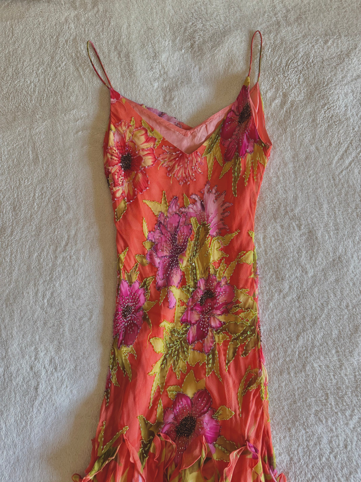 y2k vintage silk orange floral special occasion maxi dress with tassel hem
