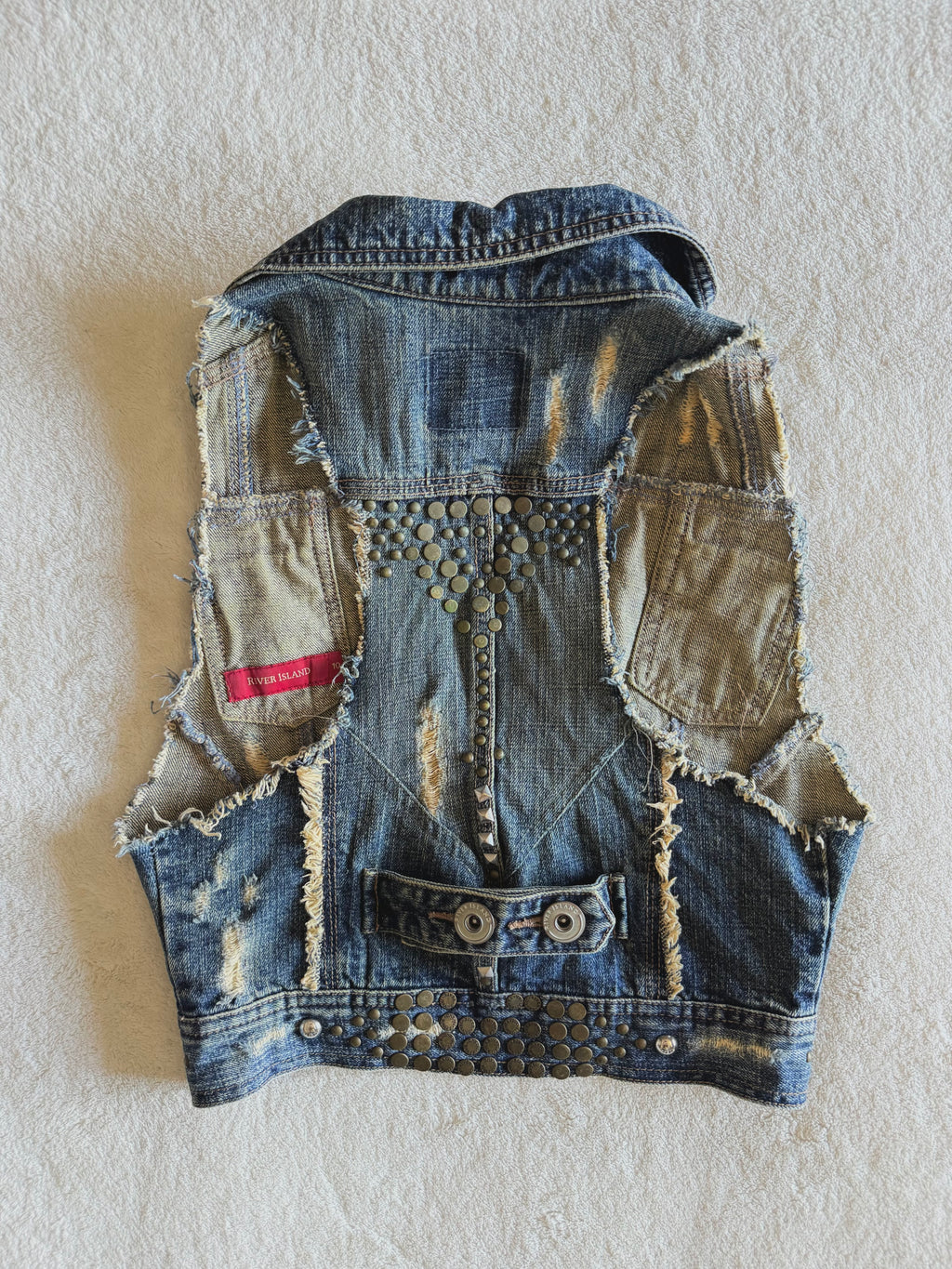 y2k vintage medium wash denim sleeveless waistcoat with studs and punk details