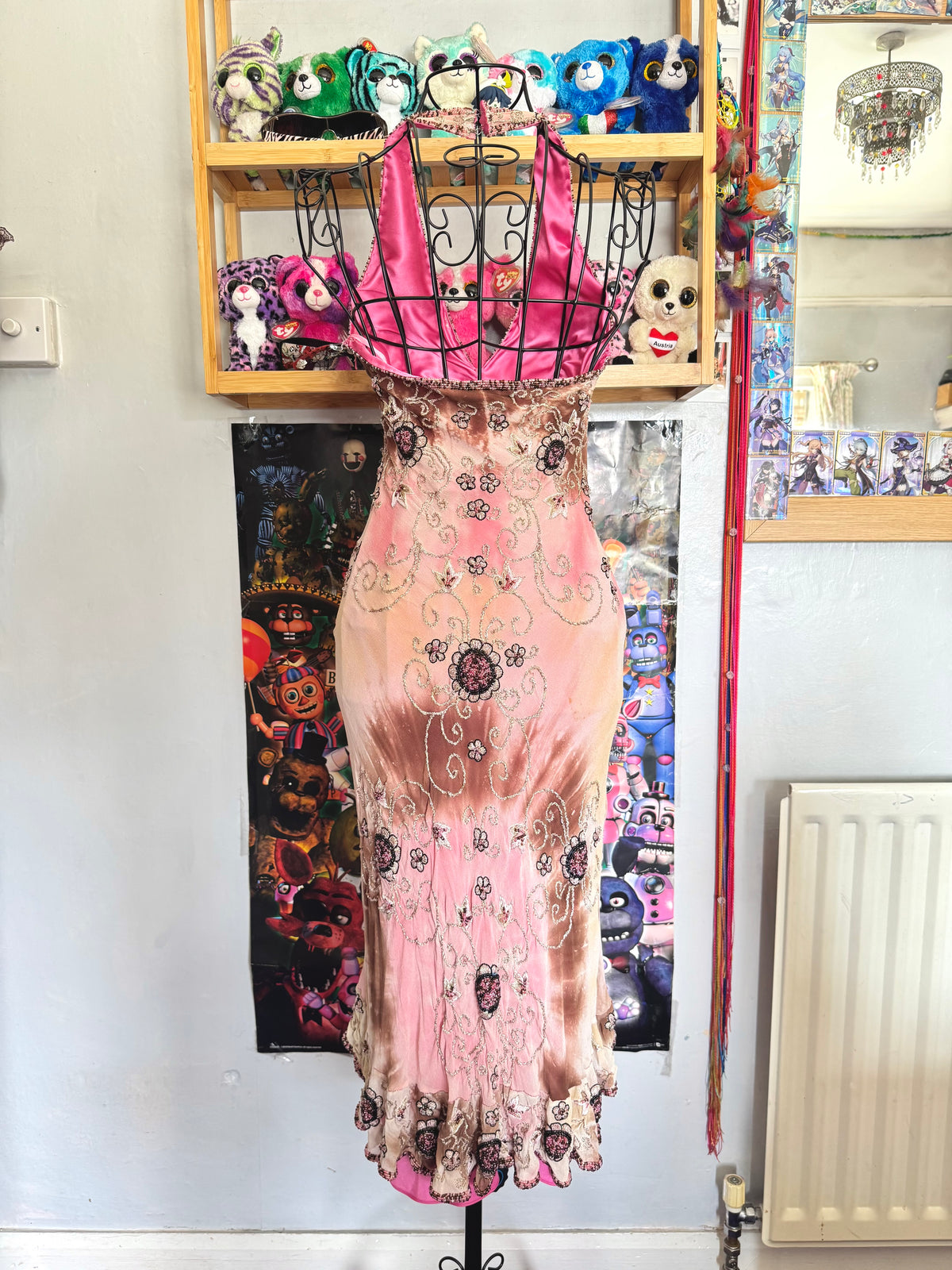 90’s vintage silk pink and brown beaded floral pattern halterneck mini dress fairycore