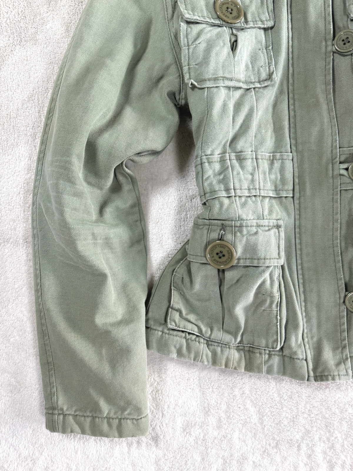 y2k vintage sage green fitted button up parka jacket with faux fur trim hood and cinch waist