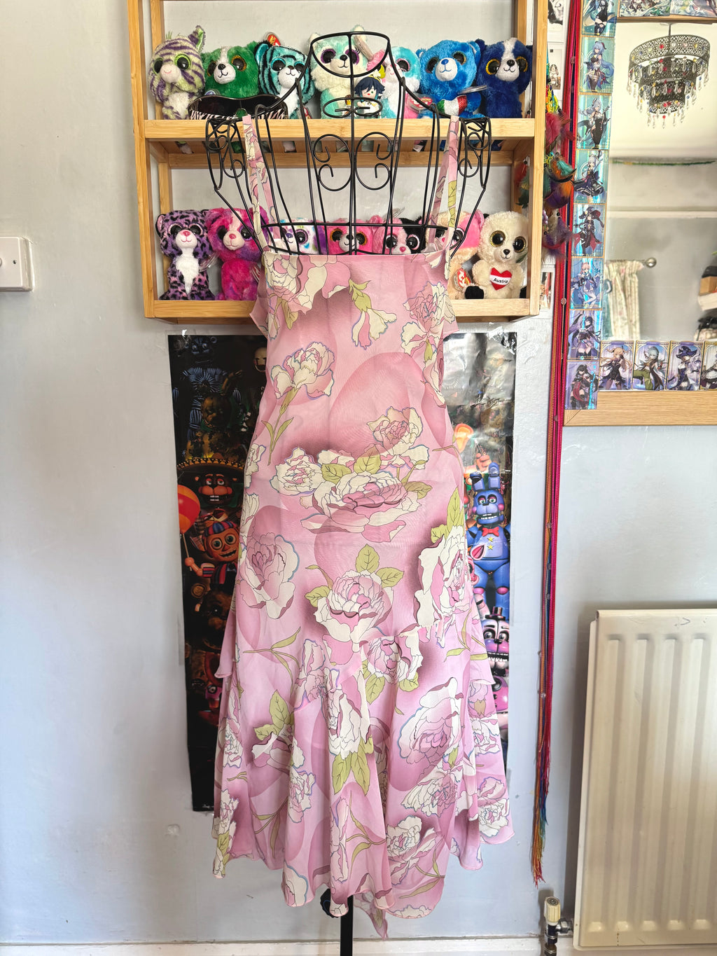 y2k vintage pink floral ruffled asymmetrical hem midi dress