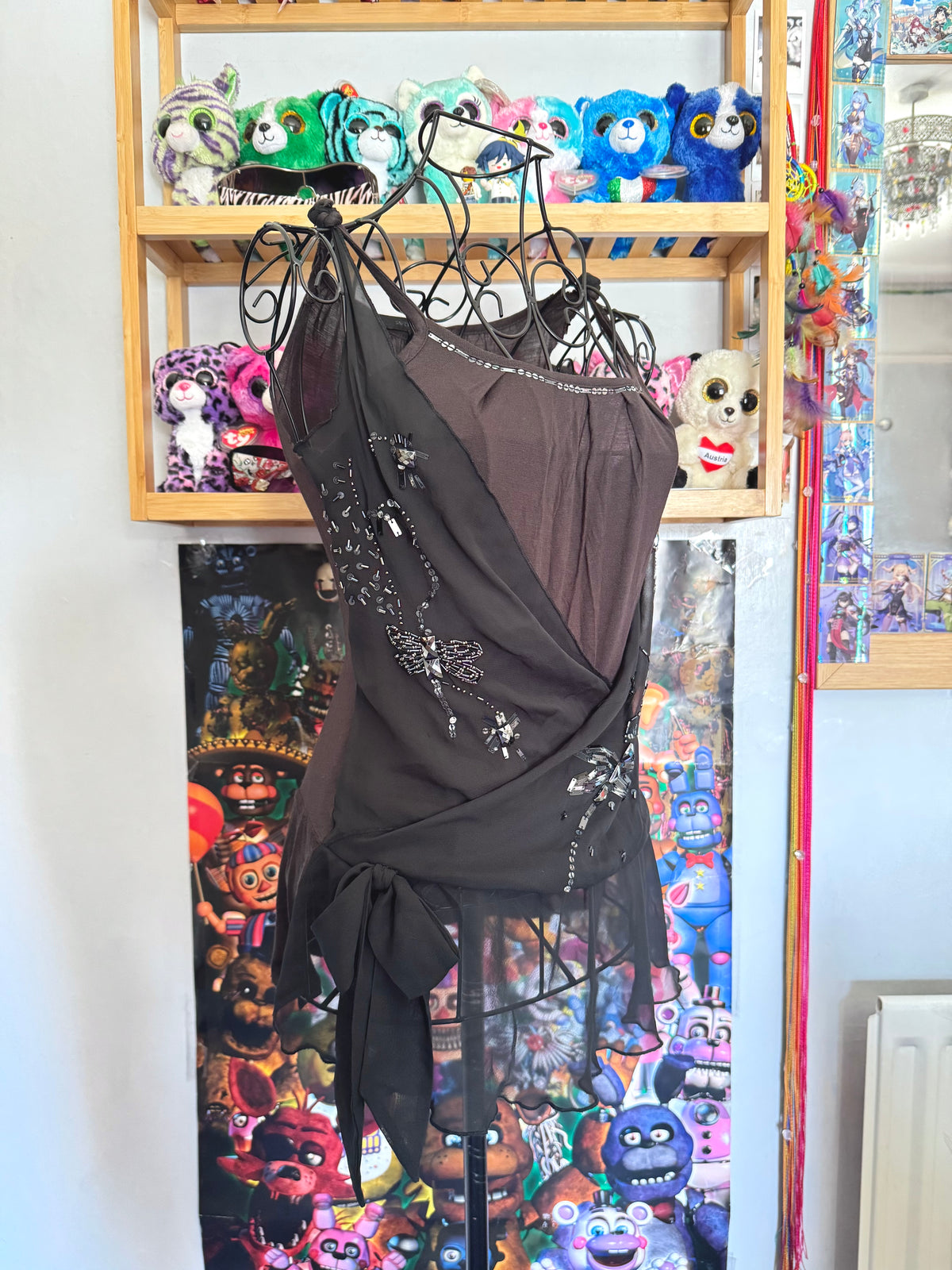 y2k vintage layered vest top with dragonfly jewels embellished and lettuce hem