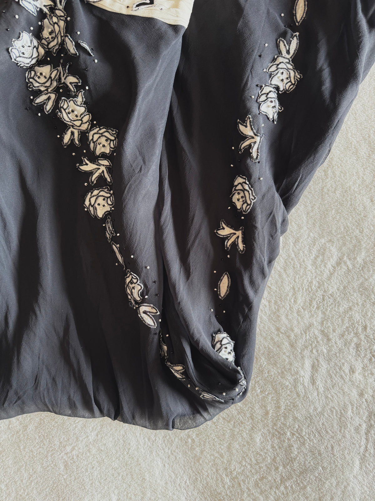 y2k vintage silk black and cream formal evening maxi dress with criss cross straps and beading